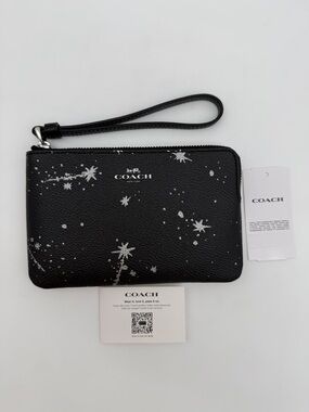 Coach Corner Zip Wristlet With Star Print Black Silver
